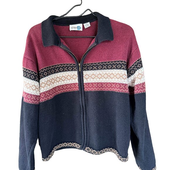 Paul Harris Design Fair Isle Zip Cardigan Sweater Navy Mauve Vintage 90s Size L - Picture 1 of 7